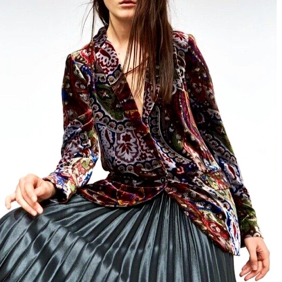 ZARA Women’s Silk Velvet Paisley Floral Print Blazer Size M Boho Artsy Grunge - Picture 4 of 13